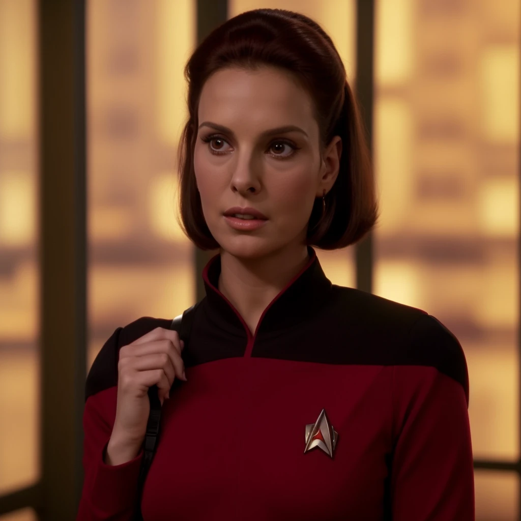 arafed woman in a red shirt with a black collar and a red shirt, in starfleet uniform, in full starfleet uniform, wearing a red captain's uniform, as a starfleet officer, st : tng, with shoulder pads, tng, deanna troi, in star trek the original series, starfleet uniform, tense look, natalie portman in star trek