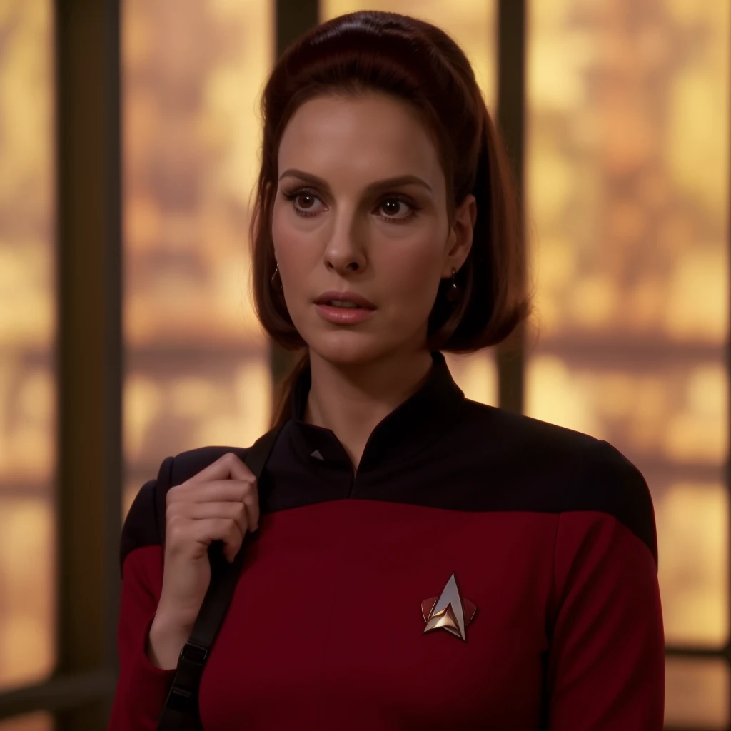 arafed woman in a red shirt with a black collar and a red shirt, in starfleet uniform, in full starfleet uniform, wearing a red captain's uniform, as a starfleet officer, st : tng, with shoulder pads, tng, deanna troi, in star trek the original series, starfleet uniform, tense look, natalie portman in star trek