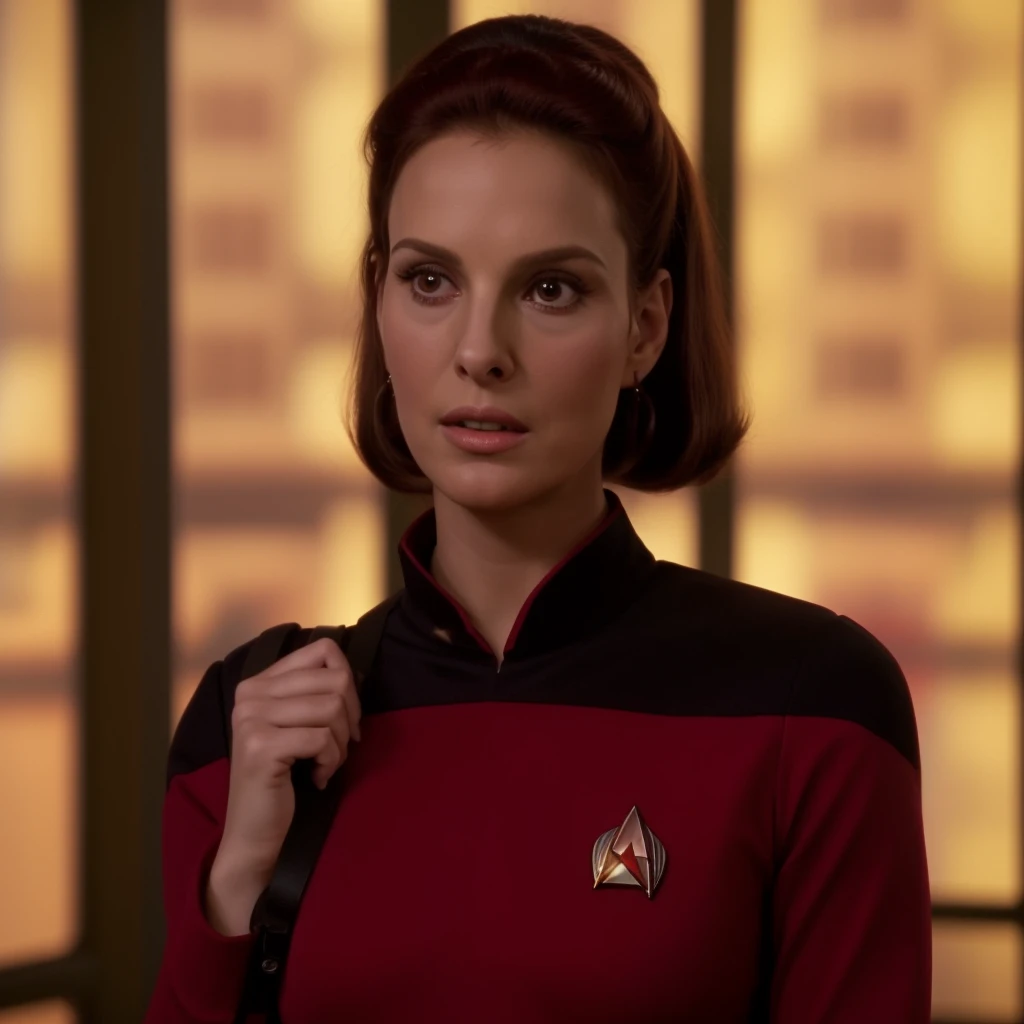 arafed woman in a red shirt with a black collar and a red shirt, in starfleet uniform, in full starfleet uniform, wearing a red captain's uniform, as a starfleet officer, st : tng, with shoulder pads, tng, deanna troi, in star trek the original series, starfleet uniform, tense look, natalie portman in star trek