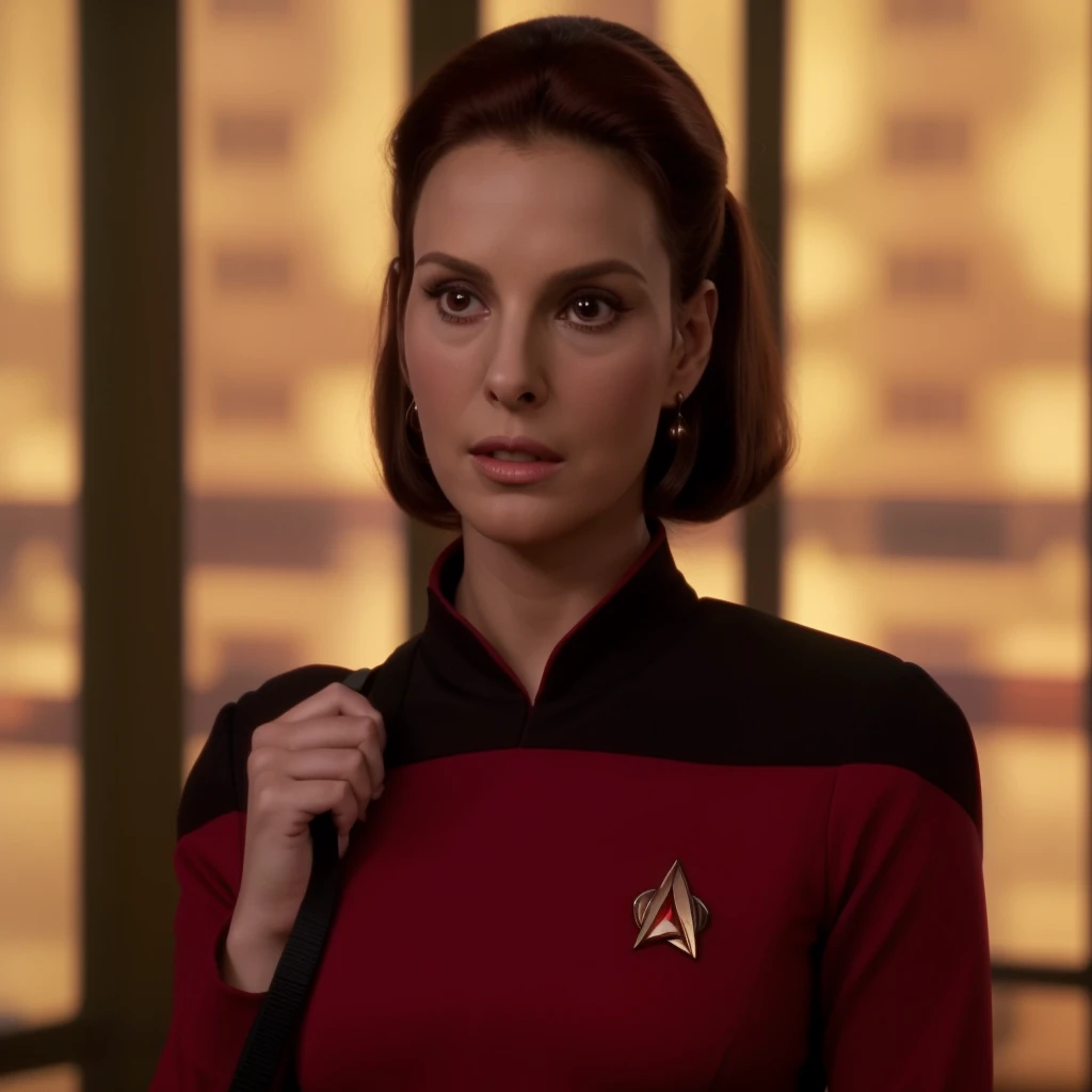 arafed woman in a red shirt with a black collar and a red shirt, in starfleet uniform, in full starfleet uniform, wearing a red captain's uniform, as a starfleet officer, st : tng, with shoulder pads, tng, deanna troi, in star trek the original series, starfleet uniform, tense look, natalie portman in star trek