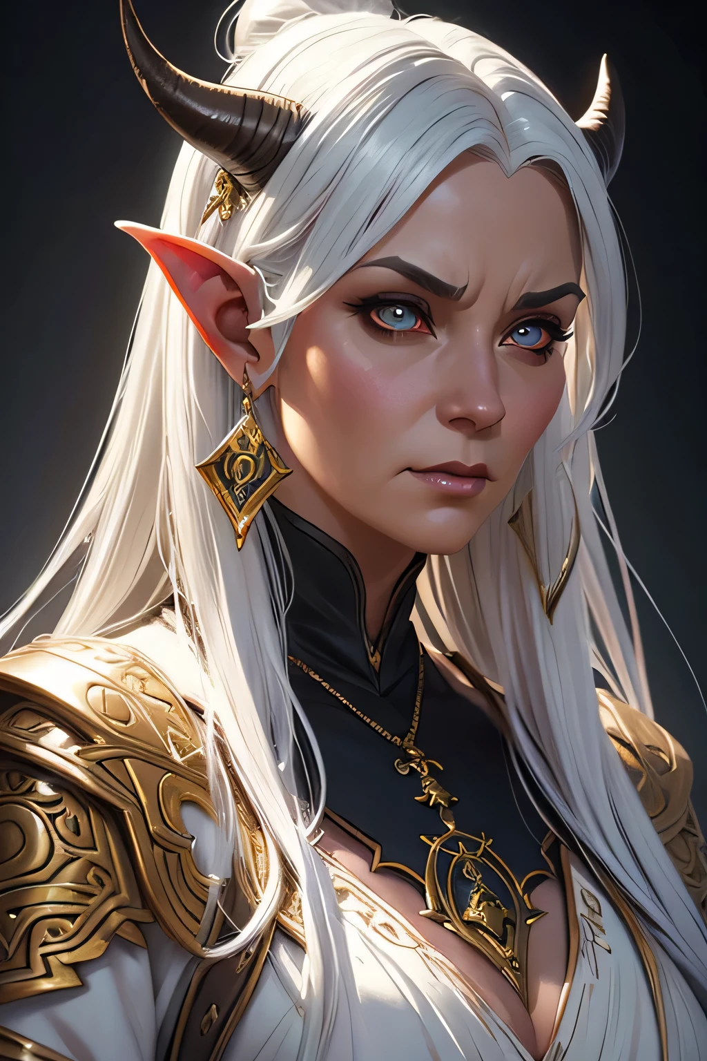 ultra realistic illustration, fantasy, dungeons & dragons, Middle aged woman, tiefling, horns, exotic white hair, monk, demon eyes, intricate, elegant, highly detailed, digital painting, artstation, concept art, sharp focus, illustration, art by artgerm and greg rutkowski and alphonse mucha