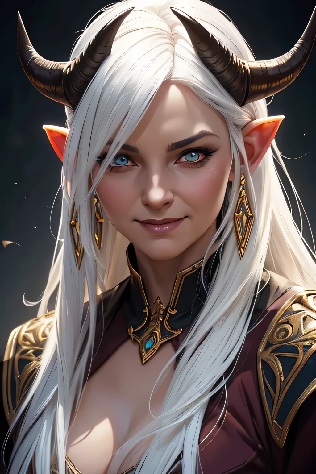 ultra realistic illustration, fantasy, dungeons & dragons, Middle aged woman, tiefling, horns, exotic white hair, monk, demon eyes, intricate, elegant, highly detailed, digital painting, artstation, concept art, sharp focus, illustration, art by artgerm and greg rutkowski and alphonse mucha, smiling