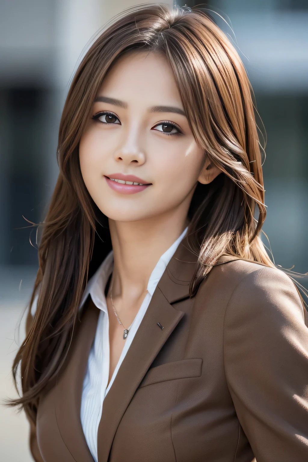 masutepiece, Best Quality, Photorealistic, Ultra-detailed, finely detail, High resolution, 8K Wallpaper, 1 beautiful woman,, light brown messy hair, in a business suit, foco nítido, Perfect dynamic composition, Beautiful detailed eyes, detailed hairs, Detailed realistic skin texture, Smiling, Close-up portrait, Model body type