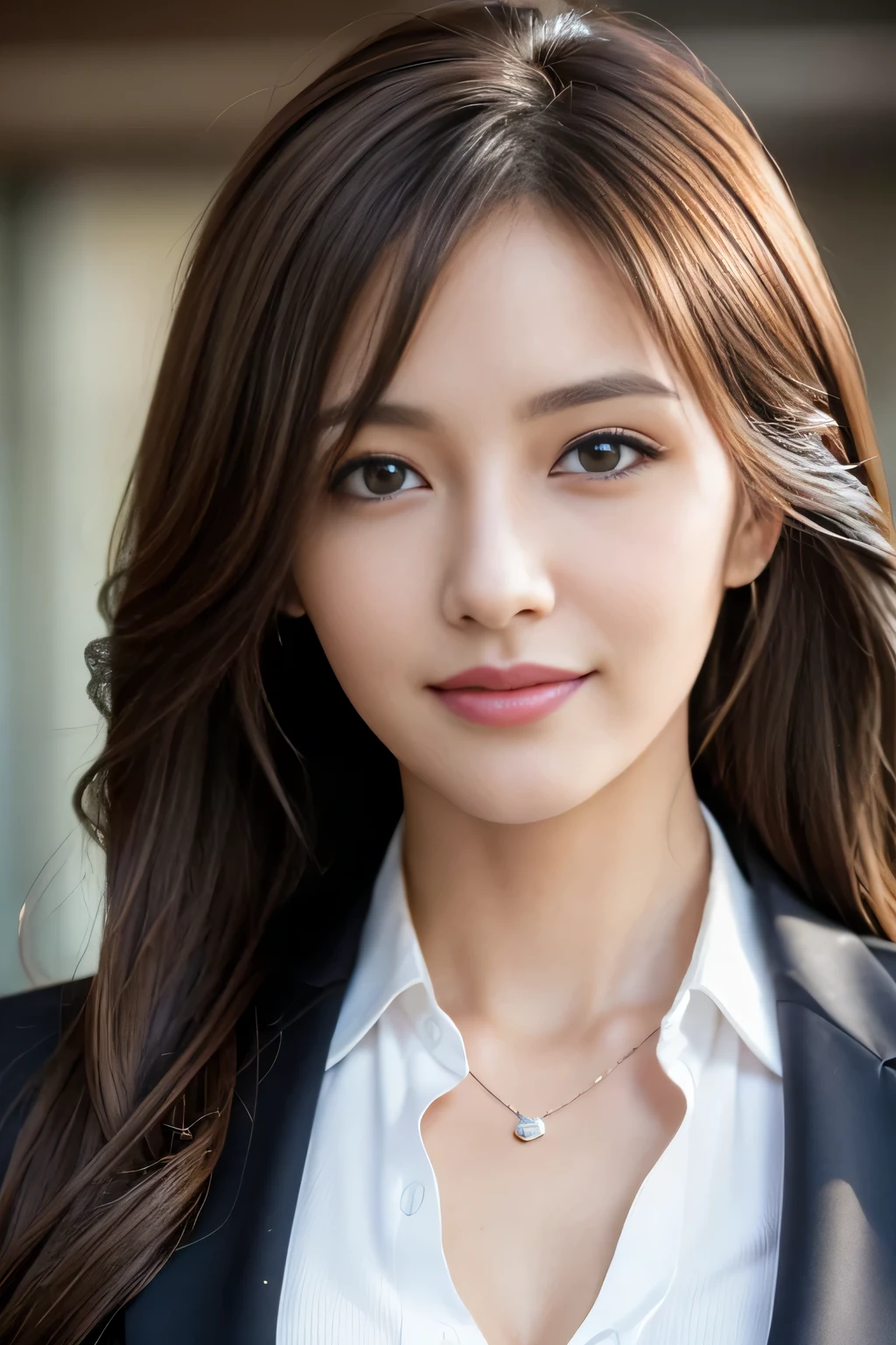 masutepiece, Best Quality, Photorealistic, Ultra-detailed, finely detail, High resolution, 8K Wallpaper, 1 beautiful woman,, light brown messy hair, in a business suit, foco nítido, Perfect dynamic composition, Beautiful detailed eyes, detailed hairs, Detailed realistic skin texture, Smiling, Close-up portrait, Model body type