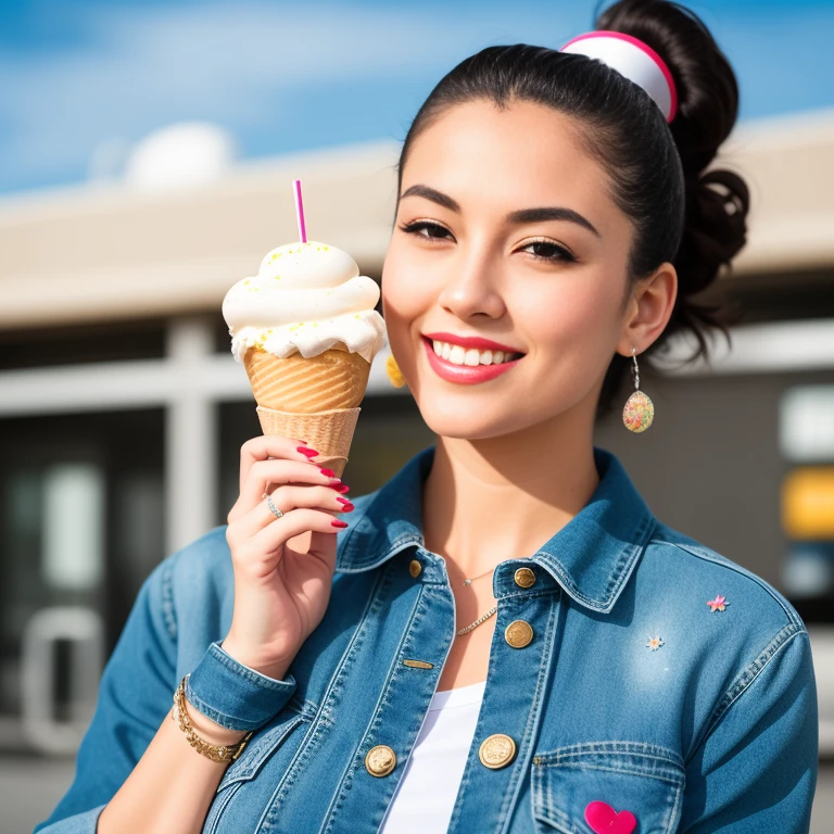 "(Mature and realistic portrayal:1.2) Sailor Moon exuding confidence as she holds an ice cream cone, her blonde hair cascading down, adorned in stylish silver denim clothes from the 2000s, with a backdrop filled with sprinkles."