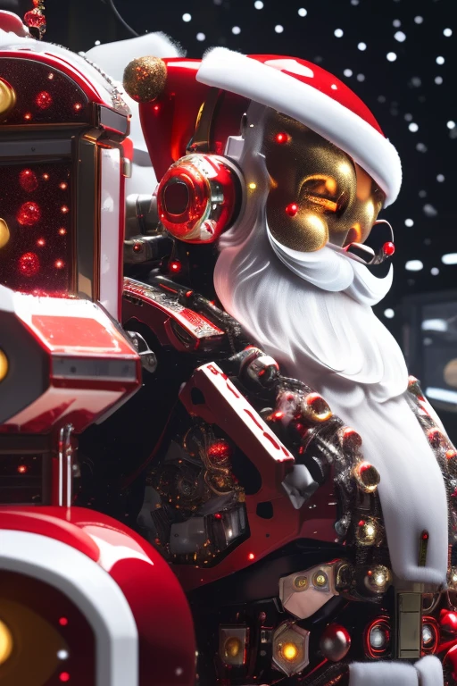 Robot Santa, Futuristic mechanical design,Combining elements of traditional Santa Claus with advanced technology. The robot may have a sleek metal body, Illuminated LED light, and a robotic arm that can efficiently distribute gifts.. It could have a digital display on its face,Imitate Santa's expression of joy and kindness. The scene can be set in a high-tech workshop full of automated machinery and conveyor belts, Robot Santa is busy preparing and sorting gifts for delivery. This futuristic twist on the traditional Santa Claus blends the magic of Christmas with the innovations of modern technology.
