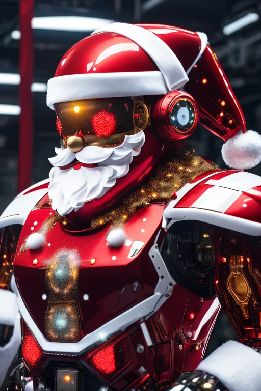 Robot Santa, Futuristic mechanical design,Combining elements of traditional Santa Claus with advanced technology. The robot may have a sleek metal body, Illuminated LED light, and a robotic arm that can efficiently distribute gifts.. It could have a digital display on its face,Imitate Santa's expression of joy and kindness. The scene can be set in a high-tech workshop full of automated machinery and conveyor belts, Robot Santa is busy preparing and sorting gifts for delivery. This futuristic twist on the traditional Santa Claus blends the magic of Christmas with the innovations of modern technology.