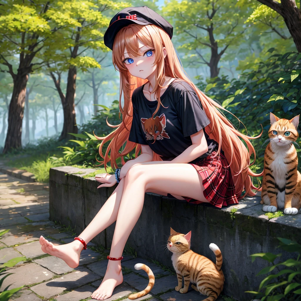 red blonde、blue eyess、one good looking girl、独奏、animesque、Plaid miniskirt、Black T-shirt、camisole、the woods、Sunlight、sitting on、wearing hat、bare-legged、cute bracelet、tilting the head、holding a cat with both hands、glaring