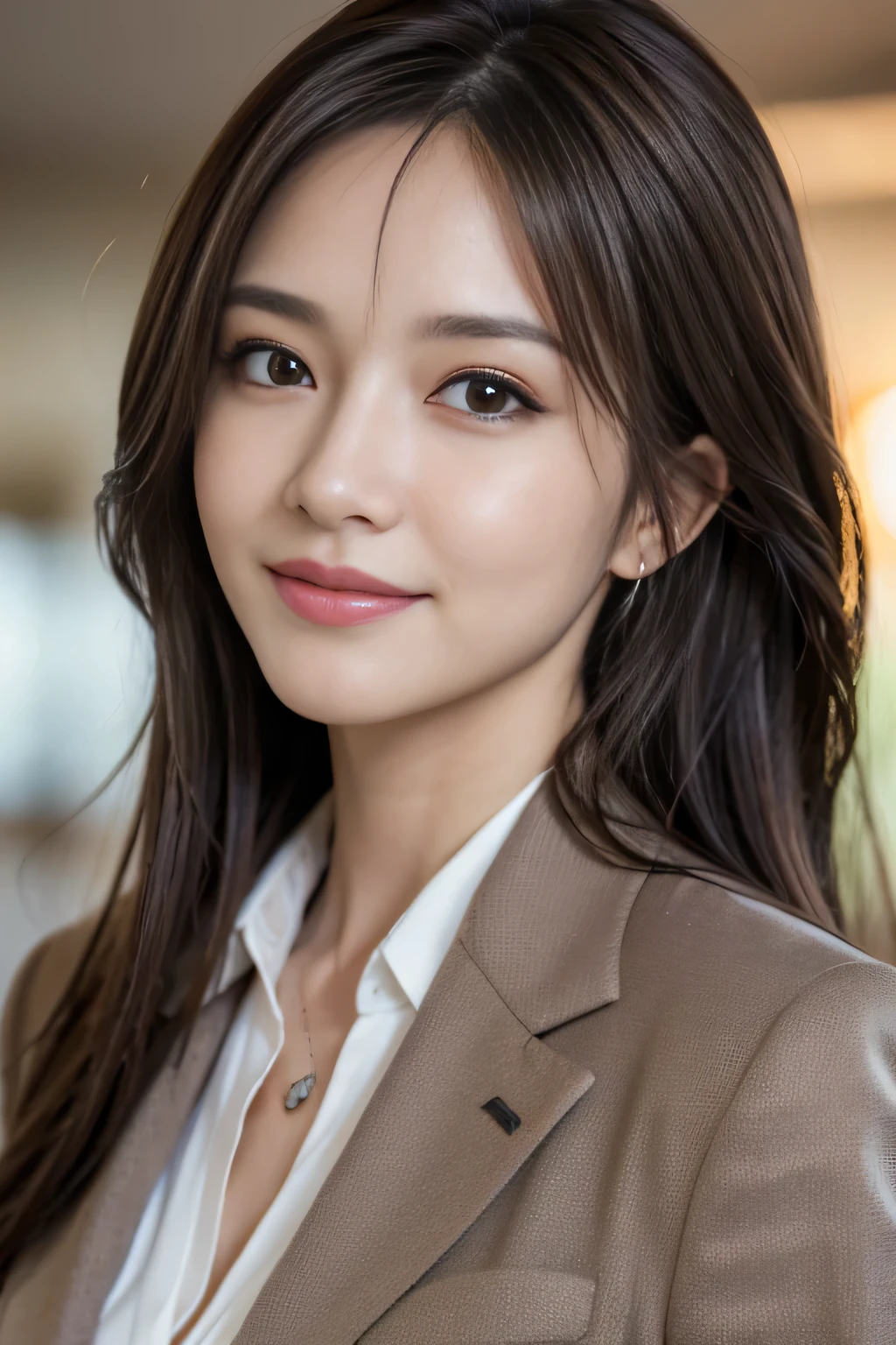masutepiece, Best Quality, Photorealistic, Ultra-detailed, finely detail, High resolution, 8K Wallpaper, 1 beautiful woman,, light brown messy hair, in a business suit, foco nítido, Perfect dynamic composition, Beautiful detailed eyes, detailed hairs, Detailed realistic skin texture, Smiling, Close-up portrait, Model body type