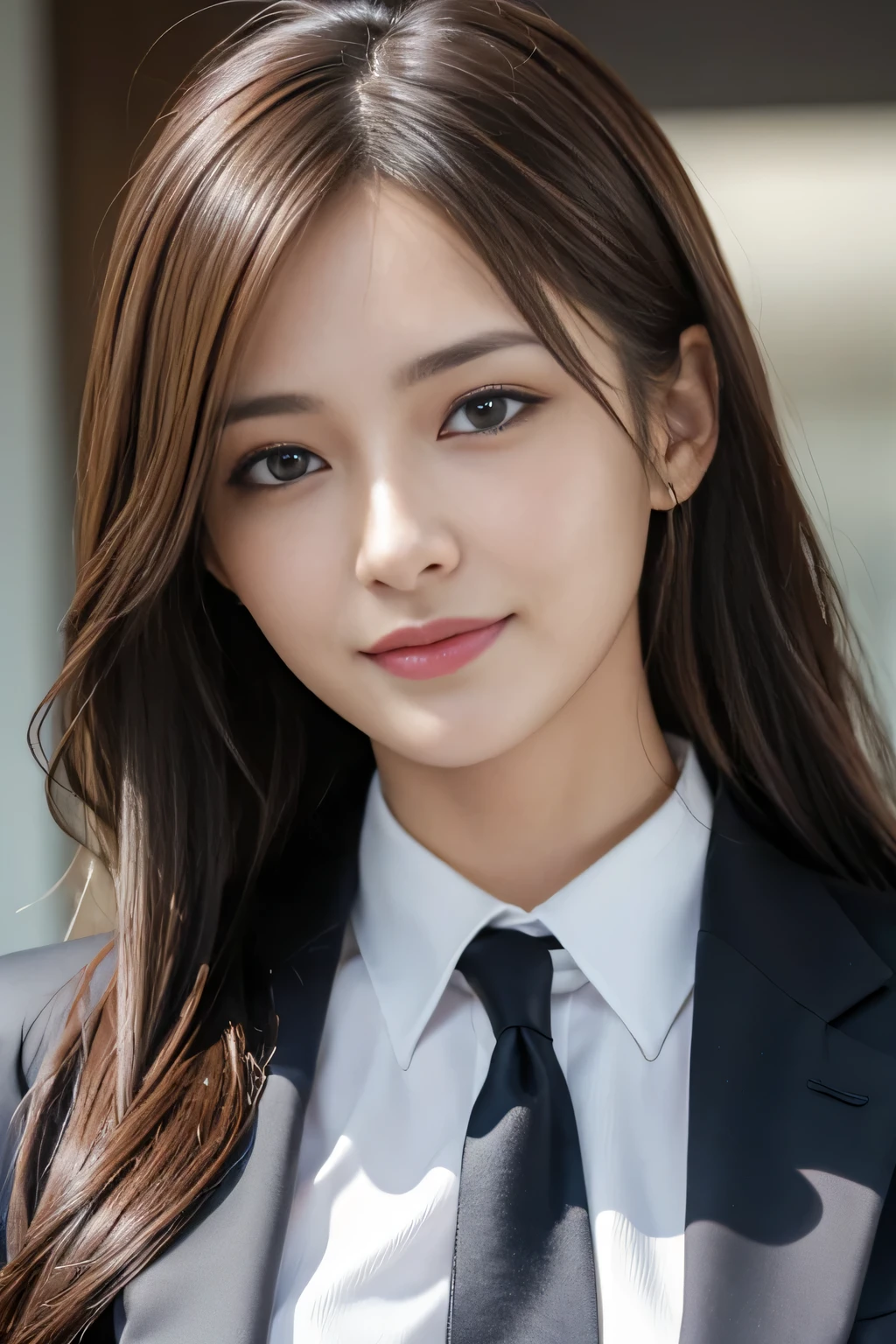 masutepiece, Best Quality, Photorealistic, Ultra-detailed, finely detail, High resolution, 8K Wallpaper, 1 beautiful woman,, light brown messy hair, in a business suit, foco nítido, Perfect dynamic composition, Beautiful detailed eyes, detailed hairs, Detailed realistic skin texture, Smiling, Close-up portrait, Model body type