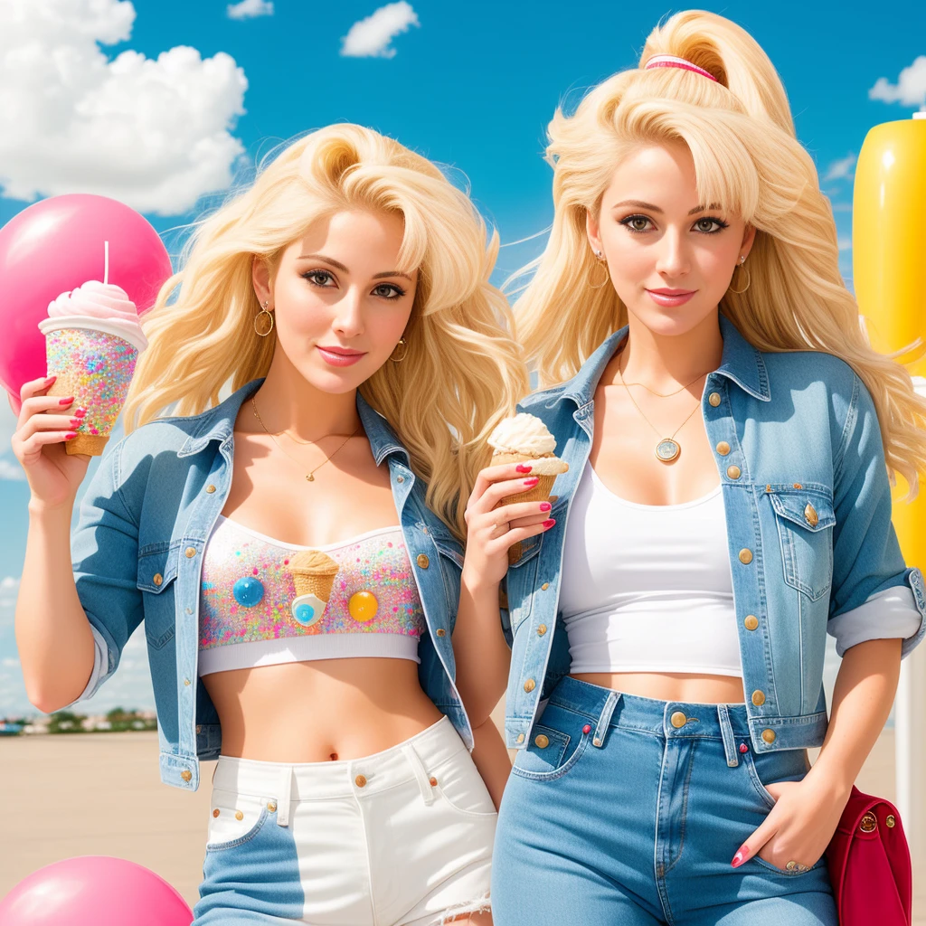 "(Mature and realistic portrayal:1.2) Sailor Moon exuding confidence as she holds an ice cream cone, her blonde hair cascading down, adorned in stylish chrome denim clothes from the 2000s, with a backdrop filled with sprinkles."