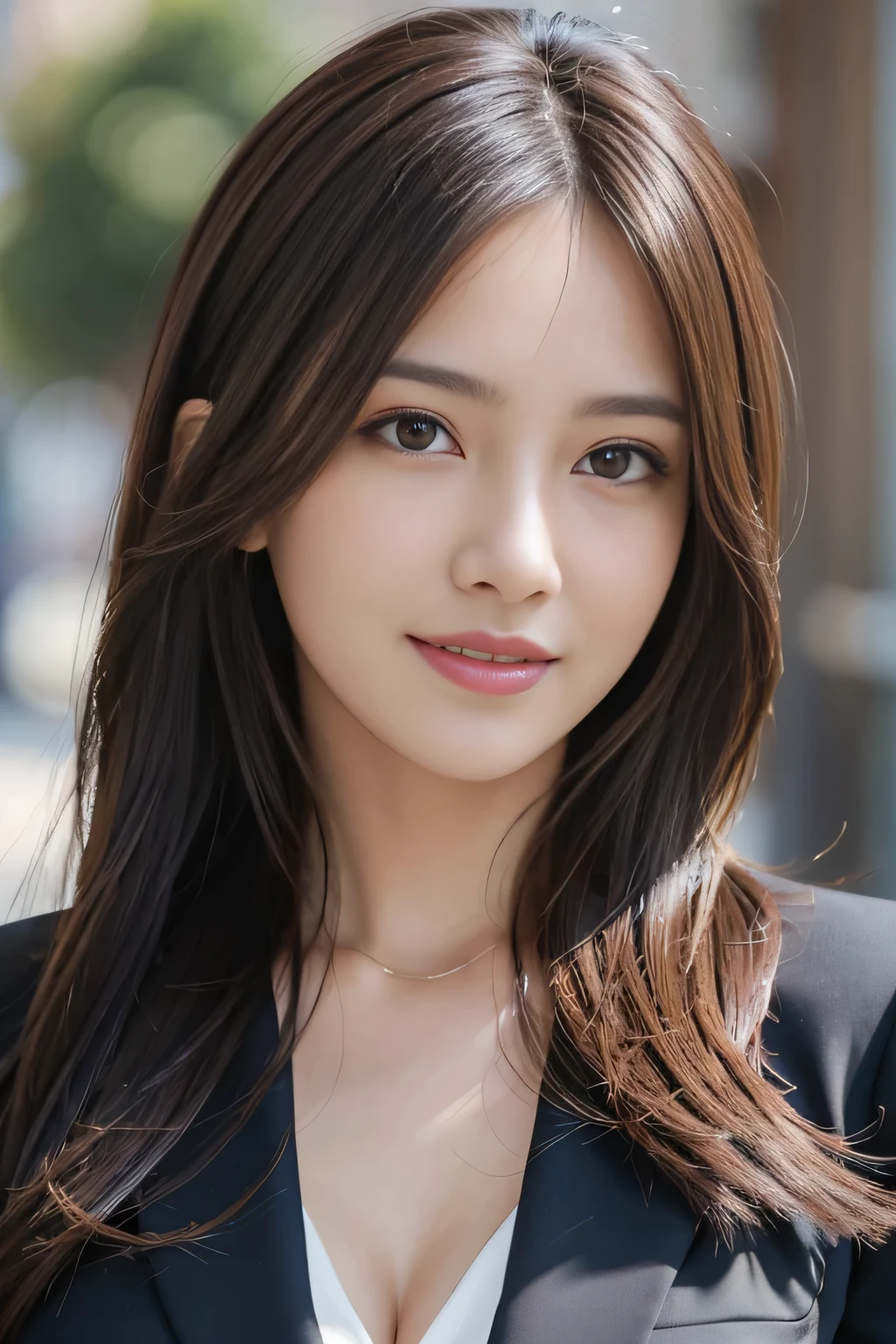 masutepiece, Best Quality, Photorealistic, Ultra-detailed, finely detail, High resolution, 8K Wallpaper, 1 beautiful woman,, light brown messy hair, in a business suit, foco nítido, Perfect dynamic composition, Beautiful detailed eyes, detailed hairs, Detailed realistic skin texture, Smiling, Close-up portrait, Model body type