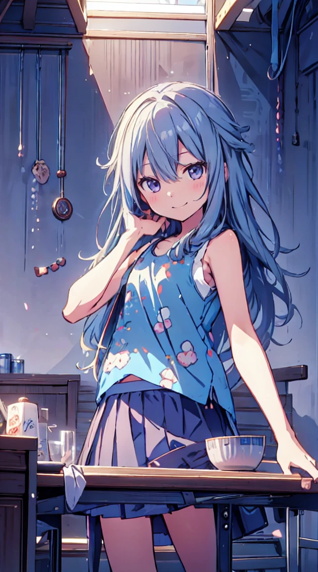 masutepiece, Best Quality,Illustration, Wallpaper, ultra -detail, 1loli、♡、Futomo、Poses in motion、mischievous smile、Tank tops、skirt by the、Viewpoint looking up from the bottom