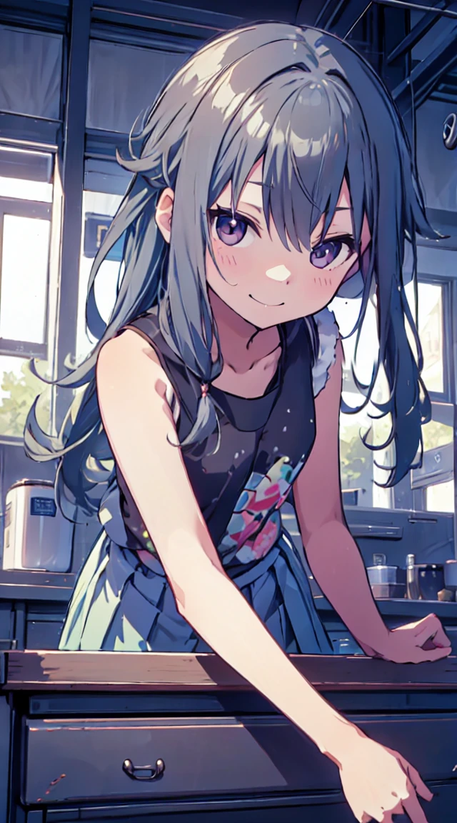 masutepiece, Best Quality,Illustration, Wallpaper, ultra -detail, 1loli、♡、Futomo、Poses in motion、mischievous smile、Tank tops、skirt by the、Viewpoint looking up from the bottom