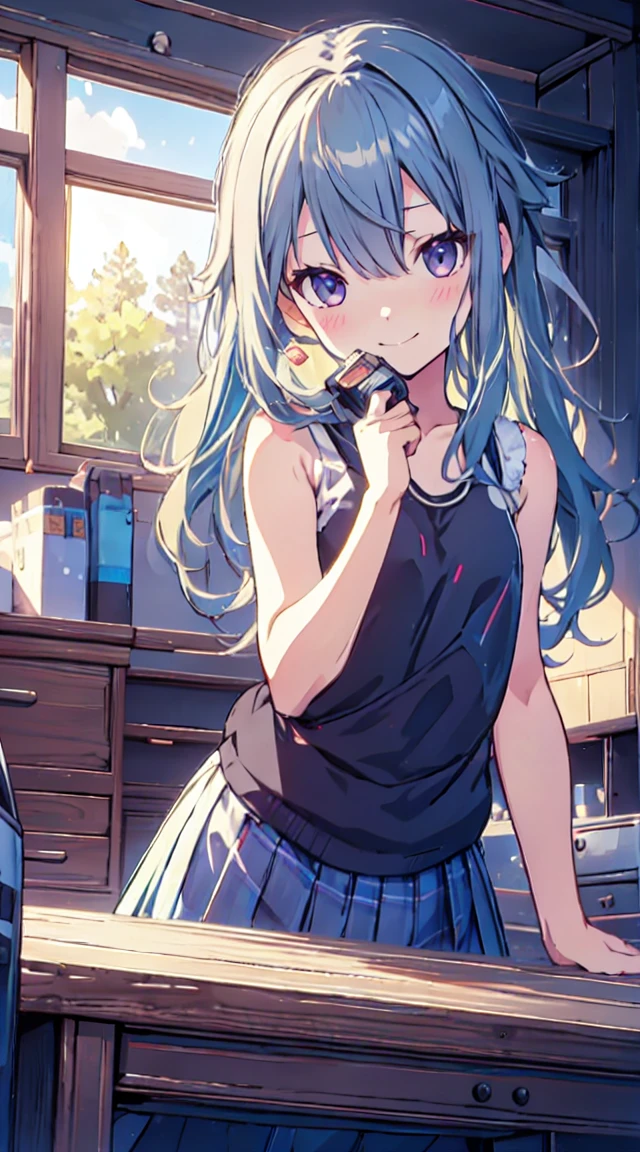 1girl in,Light Blue Medium Hair,Tying hair,Light blue eyes,Cute,blush,medium breasts, black knit, white mini skirt, Department store, black pants, underwear is visible, pussy line