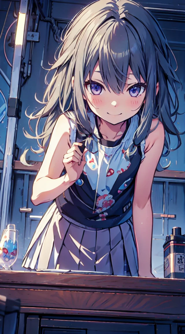 masutepiece, Best Quality,Illustration, Wallpaper, ultra -detail, 1loli、♡、Futomo、Poses in motion、mischievous smile、Tank tops、skirt by the、Viewpoint looking up from the bottom