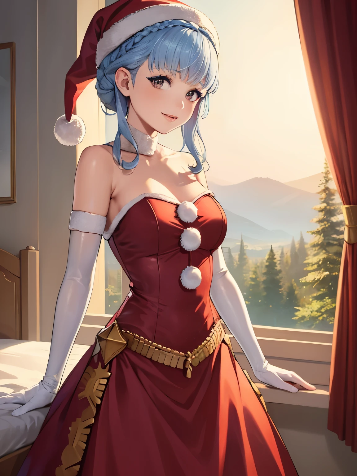 1girl, solo, masterpiece, best quality, high res, highly detailed, (illustration), beautiful detailed eyes,marianne von edmund, glossy lips, makeup, smile, long white satin elbow gloves, cowboy shot, (santa), red santa dress, santa hat, strapless dress