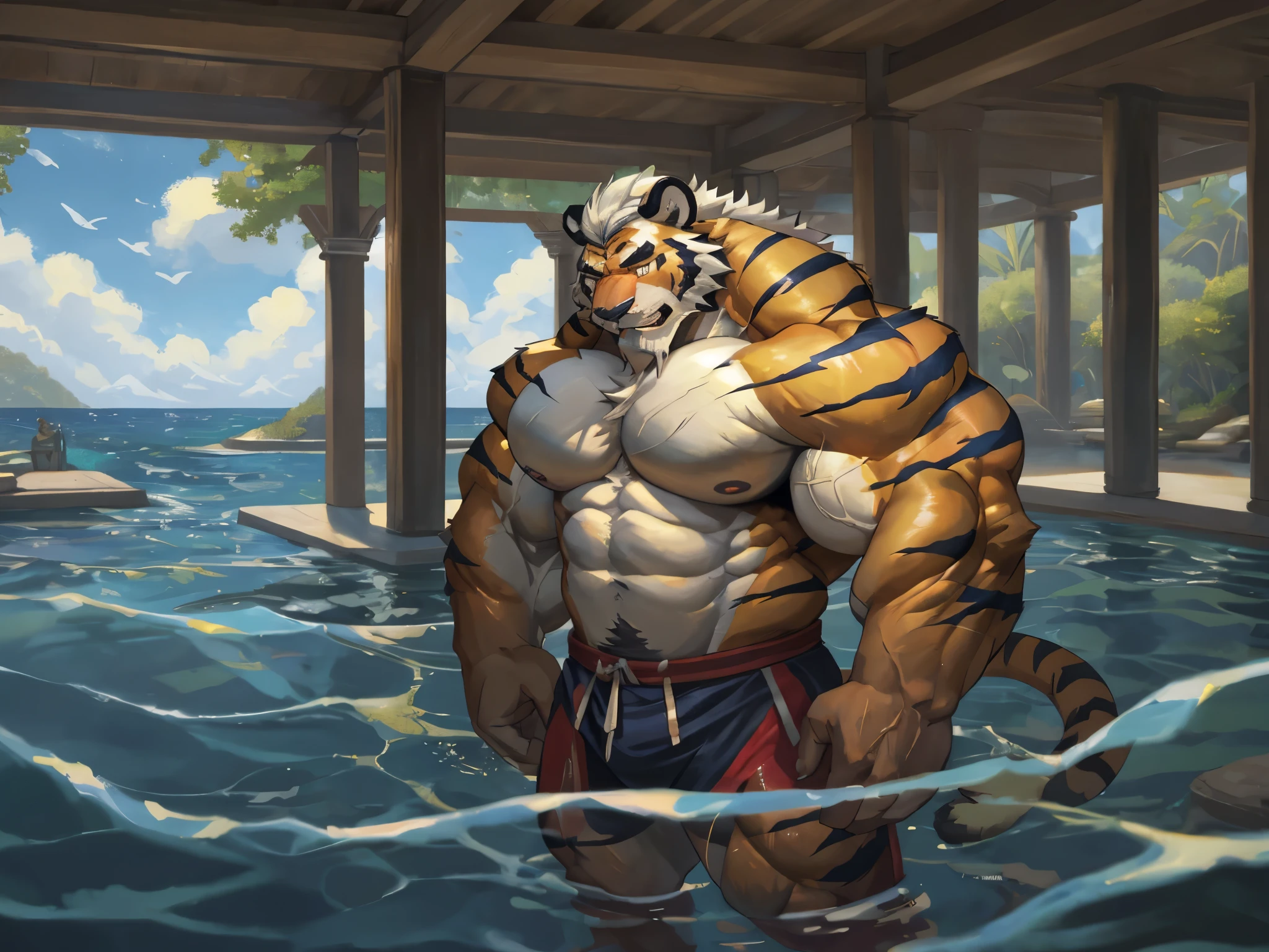 a huge muscular furry tiger old man swimming in sea, huge shoulder muscle , shirtless, muscle, strong man, huge muscle, short hair, bearded, white hair and beard, wrinkles skinned, strong muscle, strong and intimidated, masterpiece, muscular, commission for high res, male, fantasy art, very very beautiful art, art painting , painting art