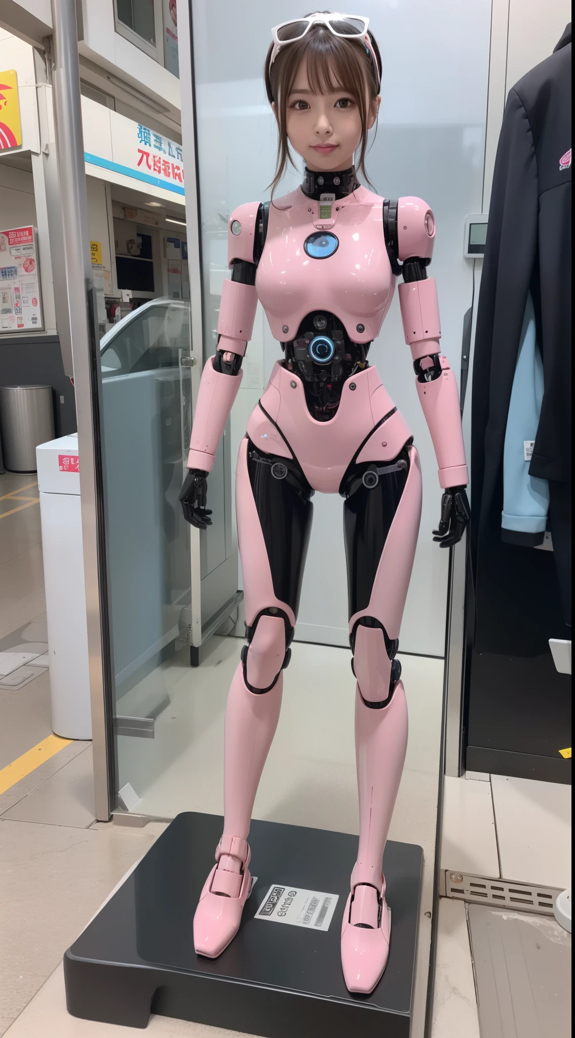 masterpiece, best quality, extremely detailed, (8K, 4K, Best Quality, Hight resolution, 超A high resolution:1.1), 8K portrait,1girl in, Japanese android girl, android teacher, control panels, android, Droid, Mechanical Hand, ,Robot arms and legs, Black hair, Mechanical body, Blunt bangs, Pink Robotics Parts, perfect robot woman, Charging spot, Long Tube, A thick cable was connected to her neck, ceramic body , android, robot humanoid, panty, full eyes, perfect mechanical body, pink robotics body, future assembly plant, Pink body, She has repaired, lack sponge joints, android assembly plant, android, laboratory, platform boots, perfect machine body, pink robot body