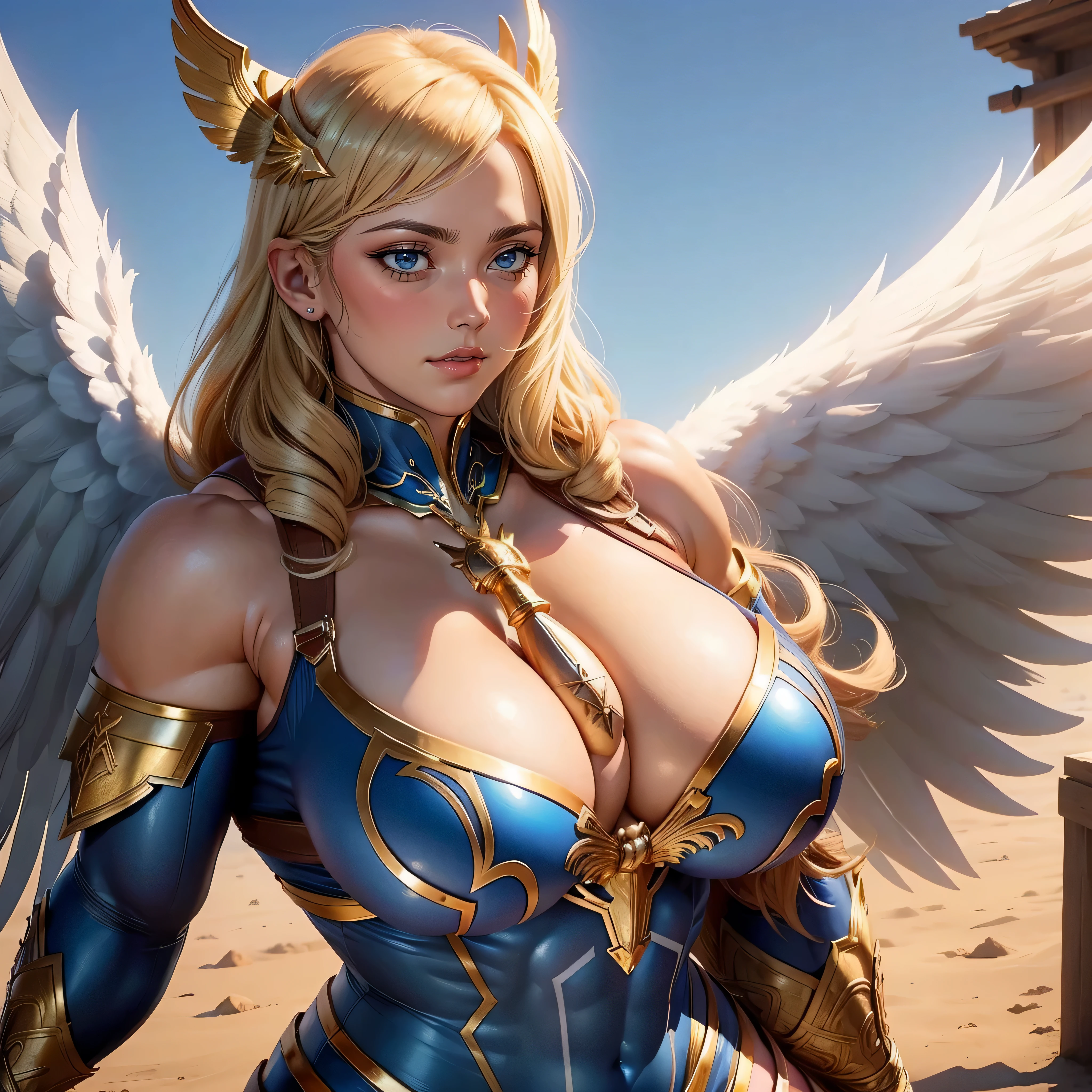 ((huge muscular valkyrie)),((very big bust,Z-cup)),(Background with,blue-sky),(((the angel's wings)))(outfits,Gold Dress 1.1)