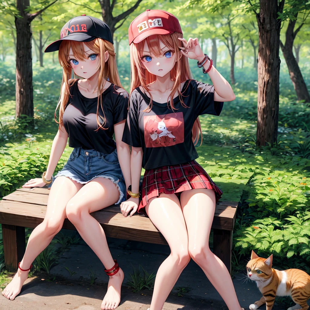 red blonde、blue eyess、one good looking girl、独奏、animesque、Plaid miniskirt、Black T-shirt、camisole、the woods、Sunlight、sitting on、wearing a baseball cap、bare-legged、cute bracelet、tilting the head、Holding a cat、glaring