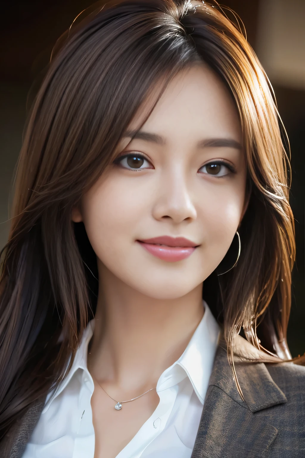 masutepiece, Best Quality, Photorealistic, Ultra-detailed, finely detail, High resolution, 8K Wallpaper, 1 beautiful woman,, light brown messy hair, in a business suit, foco nítido, Perfect dynamic composition, Beautiful detailed eyes, detailed hairs, Detailed realistic skin texture, Smiling, Close-up portrait, Model body type