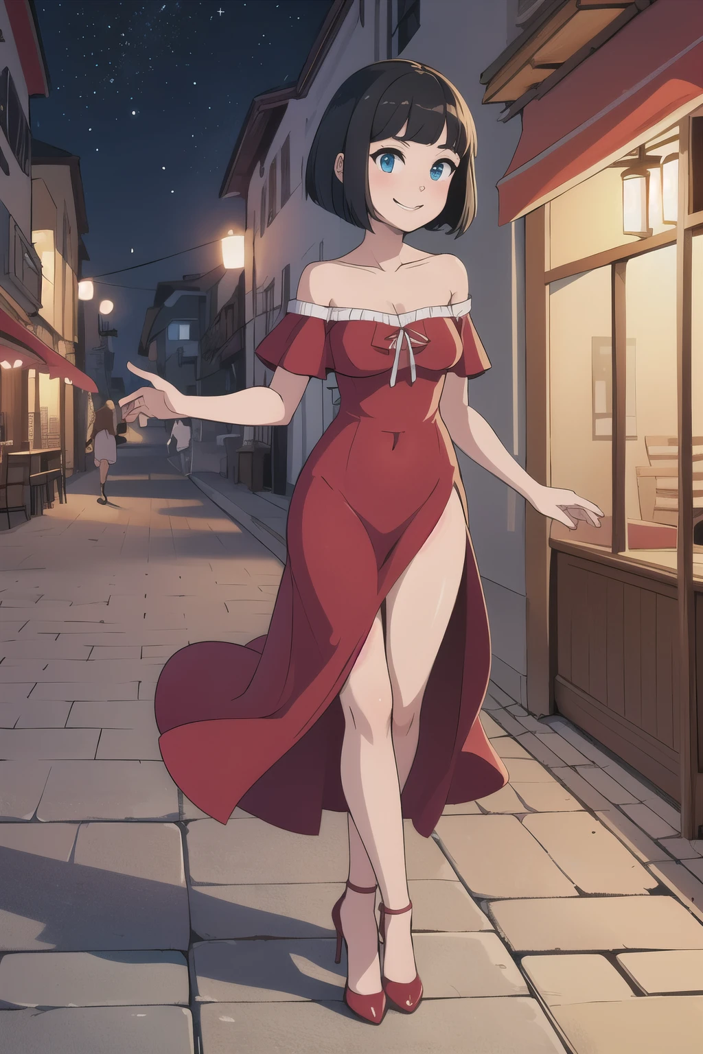 ((best quality)), ((masterpiece)), (detailed), perfect face, 1 girl, solo, teenager, black hair, bob cut, bob hair, blue eyes, smile, in a flamenco dress, off the shoulder dress, red dress, a longer body, teenager, bare shoulders, and being so beautiful, high heel shoes, dancing in the village, at night time at a town, with candles burning on the floor, in 2D illustration, 2D art style,