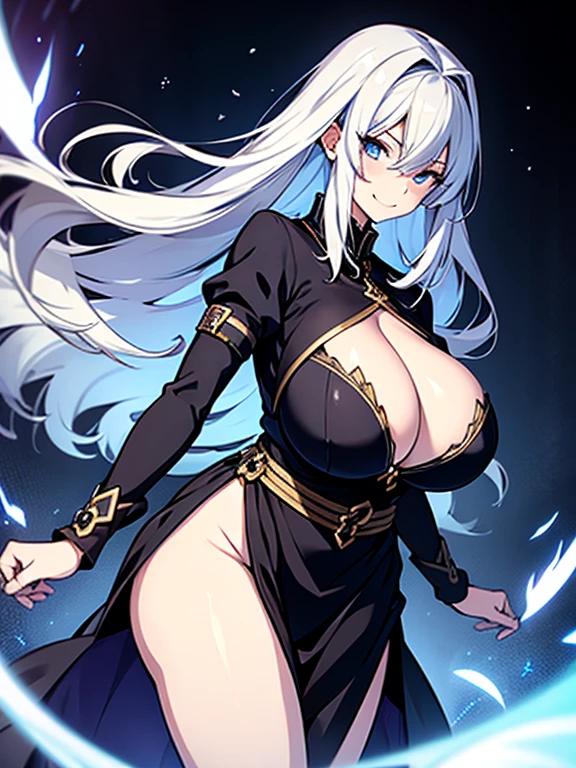 pale skin, Ghost Girl,blue flames, black backgrounds, Pale long hair, Floating, , huge , Big , thick thight, thick waist, I can see the , pale dress, A slight smil, , sagging , ,