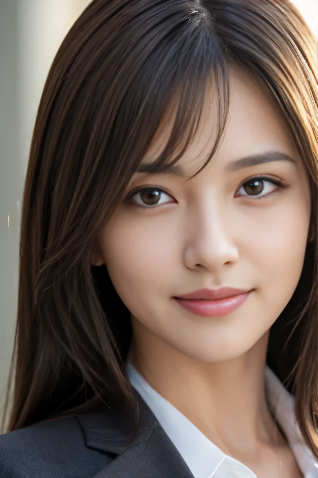 masutepiece, Best Quality, Photorealistic, Ultra-detailed, finely detail, High resolution, 8K Wallpaper, 1 beautiful woman,, light brown messy hair, in a business suit, foco nítido, Perfect dynamic composition, Beautiful detailed eyes, detailed hairs, Detailed realistic skin texture, Smiling, Close-up portrait, Model body type