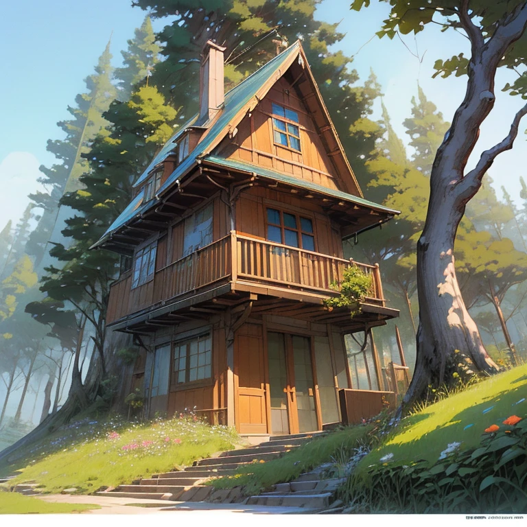 a tree house with a staircase leading to a balcony and a staircase leading to a second floor, concept art by Yoshihiko Wada, pixiv contest winner, fantasy art, cyberpunk tree house, tree house, treehouse, bonsai tree house, ghibli studio style, tree town, studio ghibli scheme, ghibli studio anime style, pine treehouse, ghibli studio art, ghibli art style