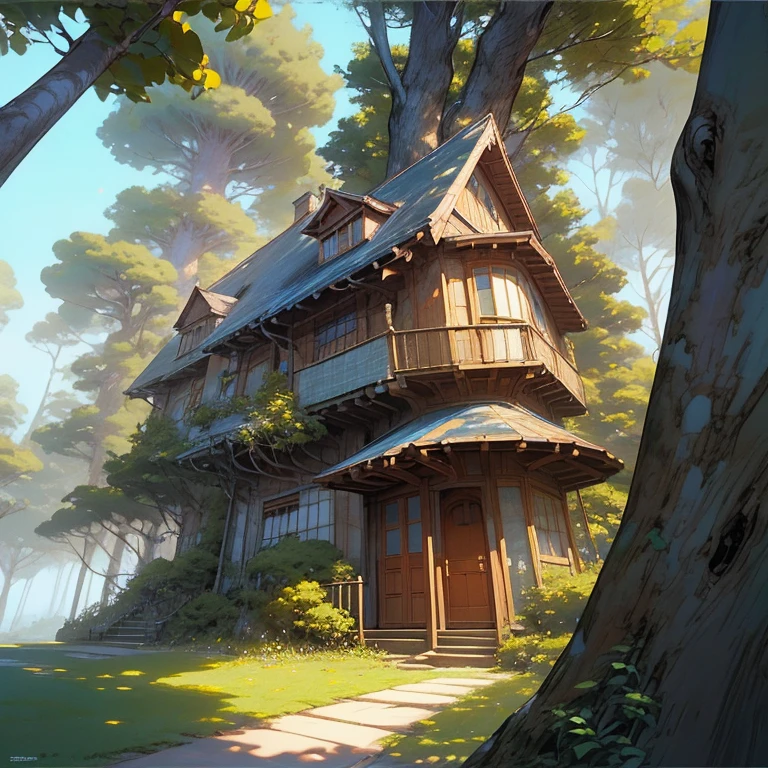 a tree house with a staircase leading to a balcony and a staircase leading to a second floor, concept art by Yoshihiko Wada, pixiv contest winner, fantasy art, cyberpunk tree house, tree house, treehouse, bonsai tree house, ghibli studio style, tree town, studio ghibli scheme, ghibli studio anime style, pine treehouse, ghibli studio art, ghibli art style