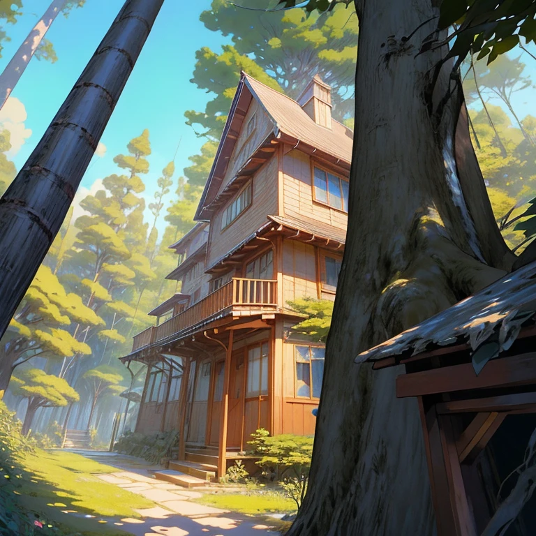 a tree house with a staircase leading to a balcony and a staircase leading to a second floor, concept art by Yoshihiko Wada, pixiv contest winner, fantasy art, cyberpunk tree house, tree house, treehouse, bonsai tree house, ghibli studio style, tree town, studio ghibli scheme, ghibli studio anime style, pine treehouse, ghibli studio art, ghibli art style