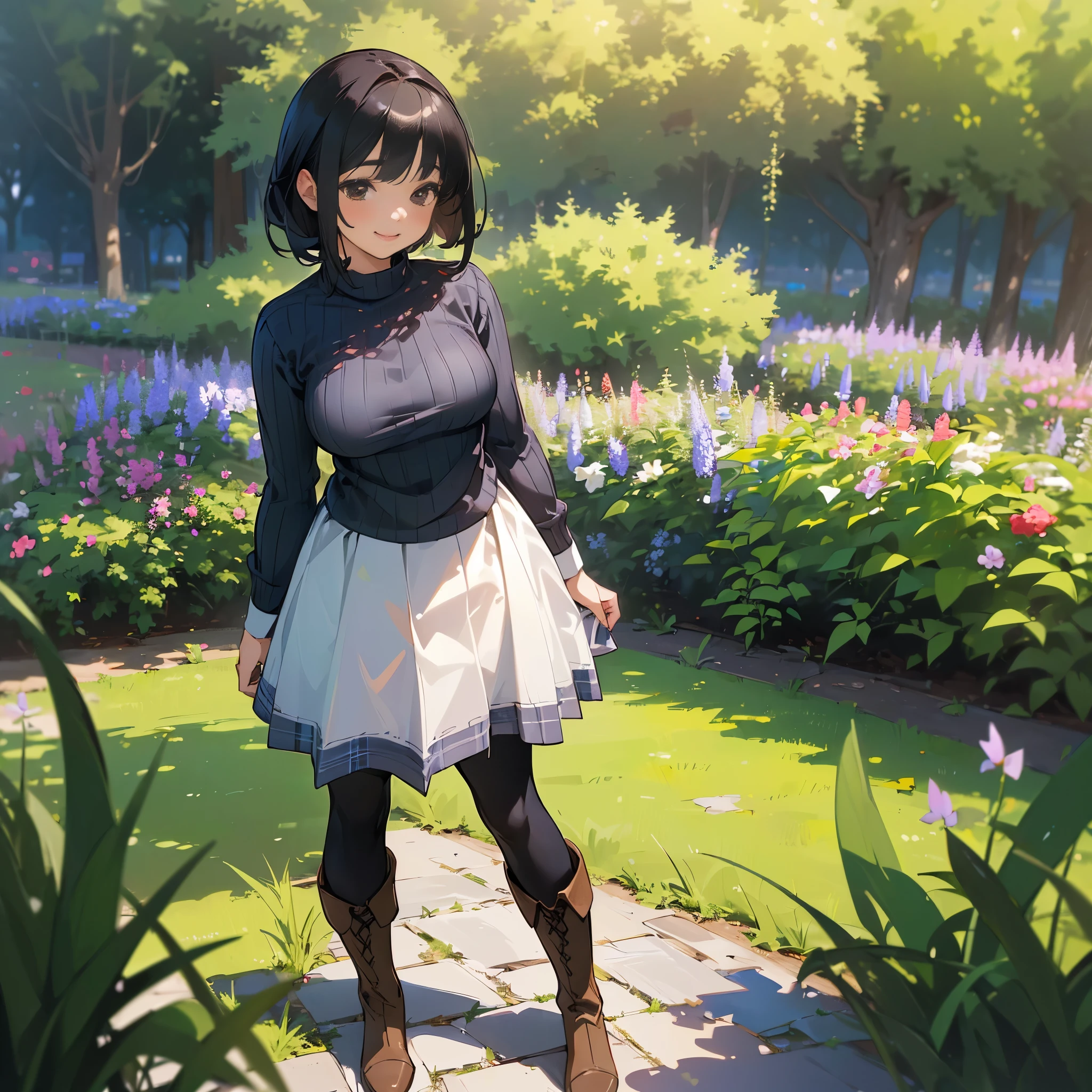 (High quality, High resolution, Ultra-detailed, Realistic:1.37), peaceful ambiance, (plein air, garden), Teenage girl standing alone, (My breasts are big.), Beautiful detailed features, Cute smile, (Black bob hair), Ribbed sweater, blue plaid skirt, Black tights, Brown boots.
