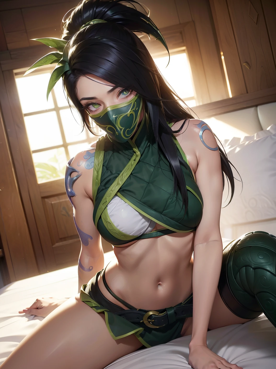 ultra realista 8k CG, work of art, ((ultra detailed background, delicate pattern, intricate-detail)), (highy detailed, fine-details,), (beautifull detailed face, eyes and hair:1.1), 1 girl, akali, gazing at viewer, League of Legends, abdomen, arm tatoo, bangss, blouse, breastsout, fishnet green chemise, hair between the eyes, hip ventilation, long bangss, long hair, mask, tummy, ninja, hypdertailed, rope belt, belt pouch, chemise, standing alone, stomach tatoo, tatoo, sexy, drooling over mask, big pervert, insane pervert, spit mask, face full with saliva, areola exposed, areola show, areola visible, giant areola, spanked ass, crying, 