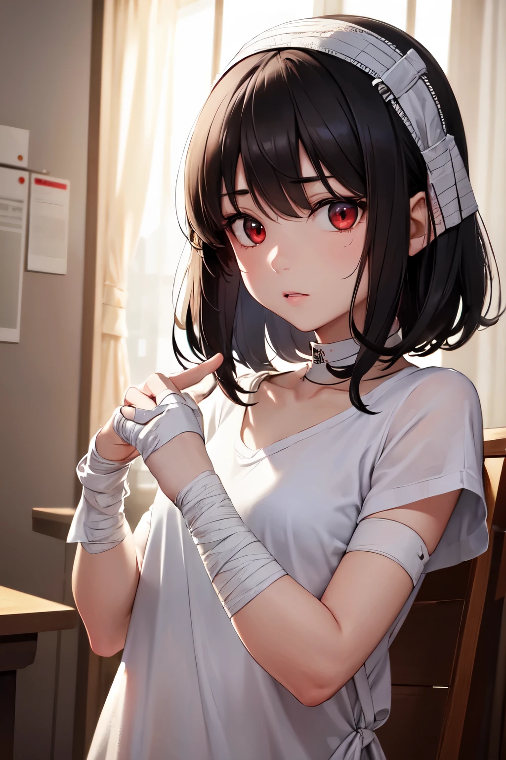 (in 8K, Best Quality, masutepiece:1.2)、超A high resolution, 1 13 year old female,ultra-detailed face,detailed eyes,Red eyes,black hair,shining hair,medium hair,(((A white bandage is wrapped around the head)))、Pattsun bangs,white t-shirt,Black shorts,short stature,expressionless,wariza,Cinema Lighting,Detailed fingers,Rooms in the apartment