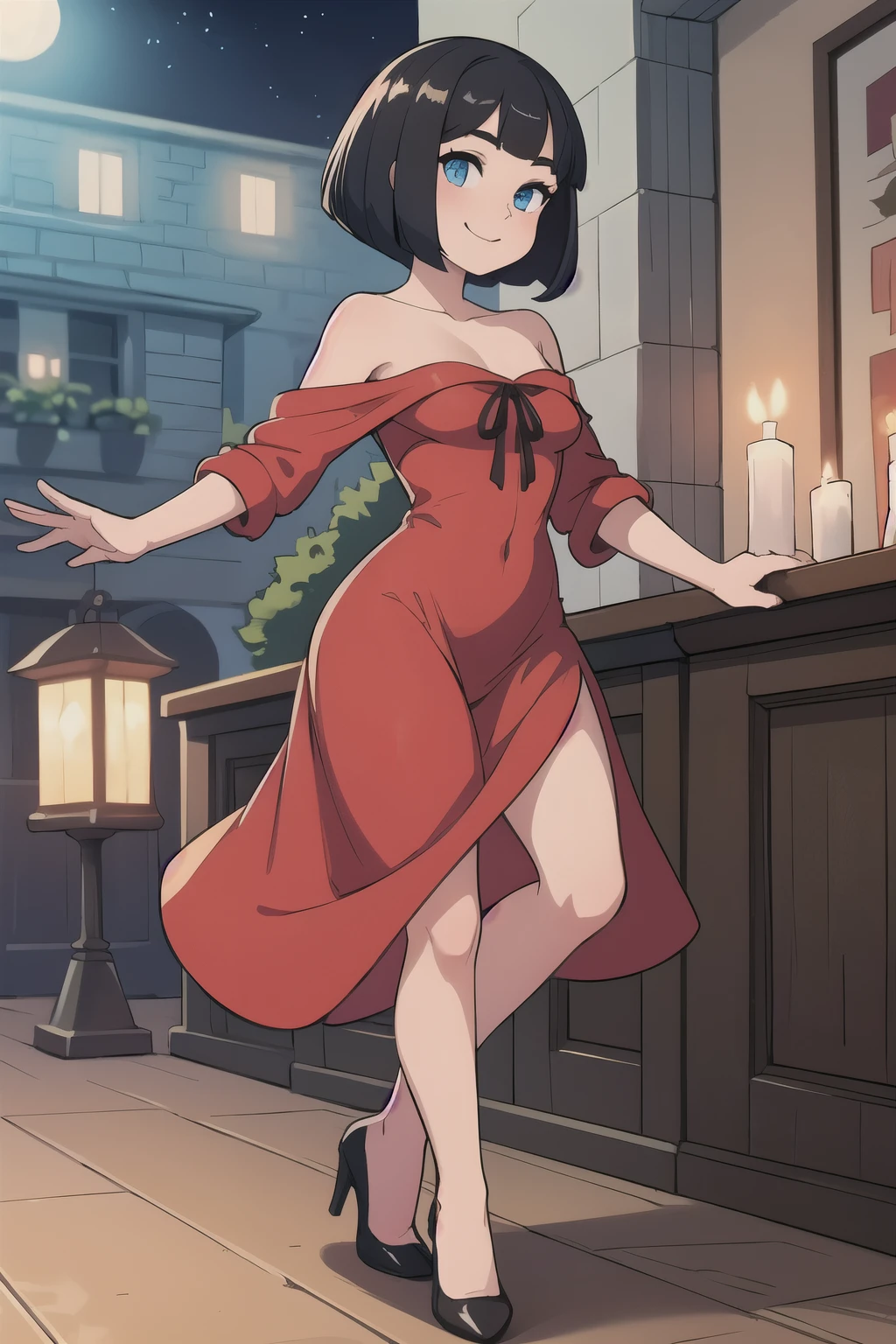 ((best quality)), ((masterpiece)), (detailed), perfect face, 1 girl, solo, ager, black hair, bob cut, bob hair, blue eyes, smile, in a flamenco dress, off the shoulder dress, red dress, a longer body, teen, bare shoulders, and being so beautiful, high heel shoes, dancing in the village, at night time at a town, with candles burning on the floor, in 2D illustration, 2D art style,