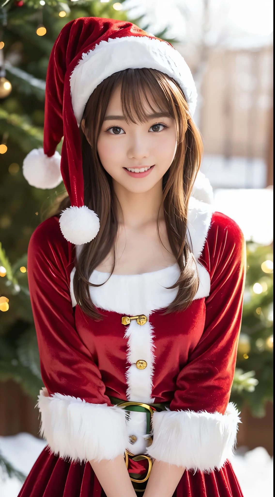 tre anatomically correct,Masterpiece of,High image quality,(Cute Santa Claus costumes:1.5),(The material of the costume is high quality velvet:1.4),(Emphasizes the fluffiness of the white part of the costume:1.4),20 years old, Japan Female, (Random posture:1.4),Professional Lighting,((Japan hair)),((Natural smile)),The ultra-detailliert、High quality textures、intricate detailes、detaileds、非常detailedsなCG、High quality shadows、Detail Beautiful delicate face、Detail Beautiful delicate eyes、depth of fields、Ray traching,1girl in, japanaese girl, Fashion Model, slender,Warm atmosphere,Outdoors with a Christmas atmosphere