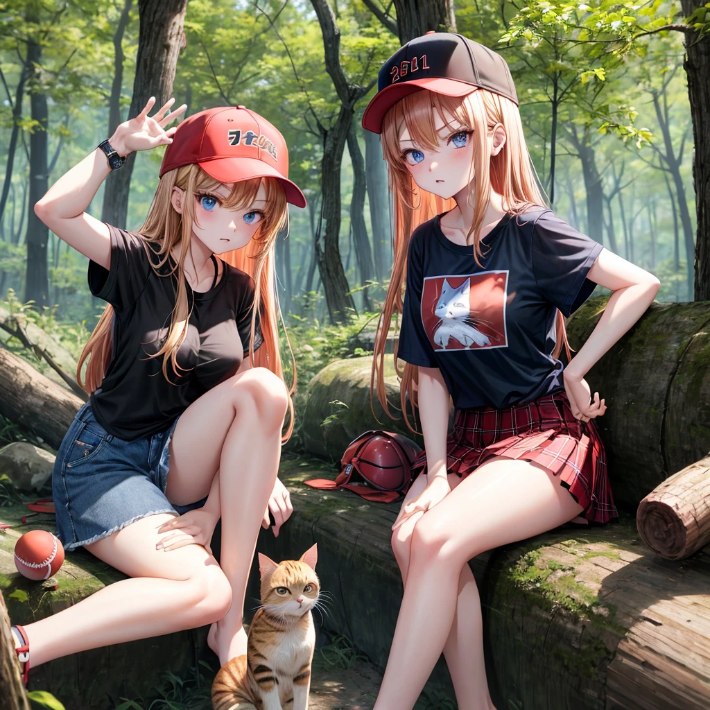 red blonde、blue eyess、one good looking girl、独奏、animesque、Plaid miniskirt、Black T-shirt、camisole、the woods、Sunlight、sitting on、wearing a baseball cap、bare-legged、Wearing a watch、tilting the head、Holding a cat、glaring