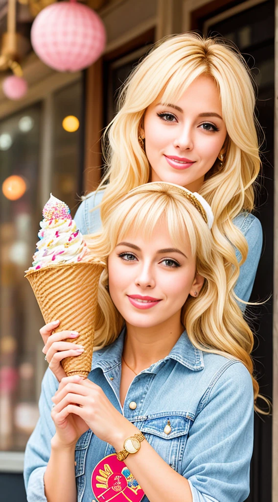 "(Mature and realistic portrayal:1.2) Sailor Moon exuding confidence as she holds an cream cone, her blonde hair cascading down, adorned in stylish brown denim clothes from the 2000s, with a backdrop filled with sprinkles."