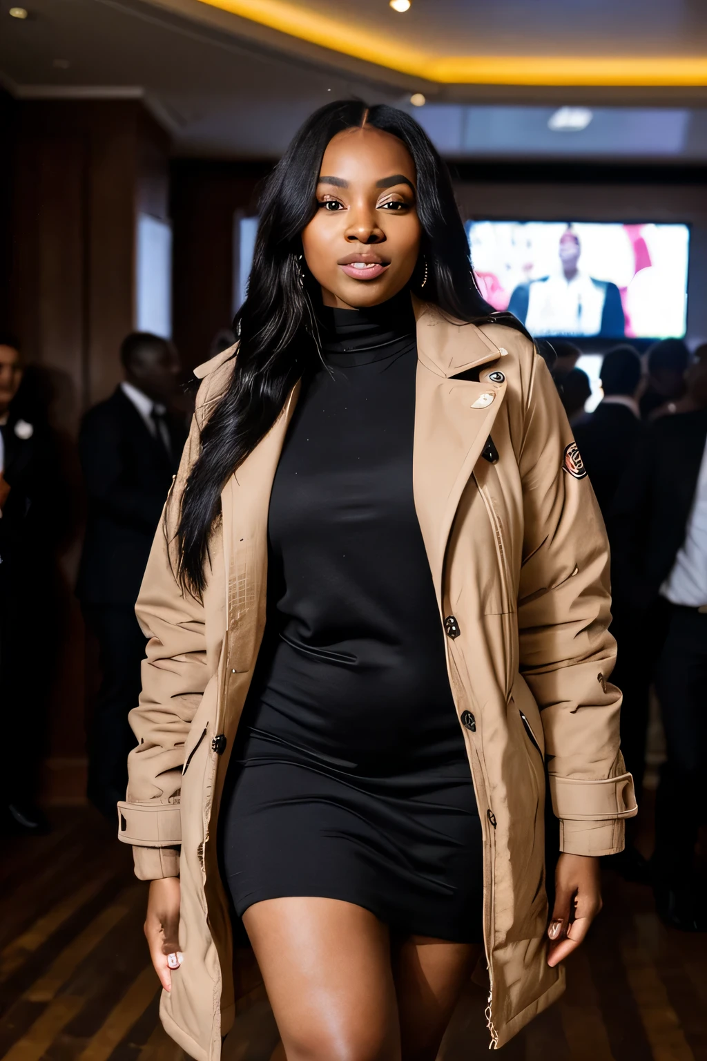 a young African influencer aged 40 with straight long black hair a radiant dark complexion in a sexy ralph lauren dress highlighting her slightly slender African curves and with the face of an angel, in night club, dancing with big speakers , wearing ralph lauren , winter jacket, hands in jacket pocket