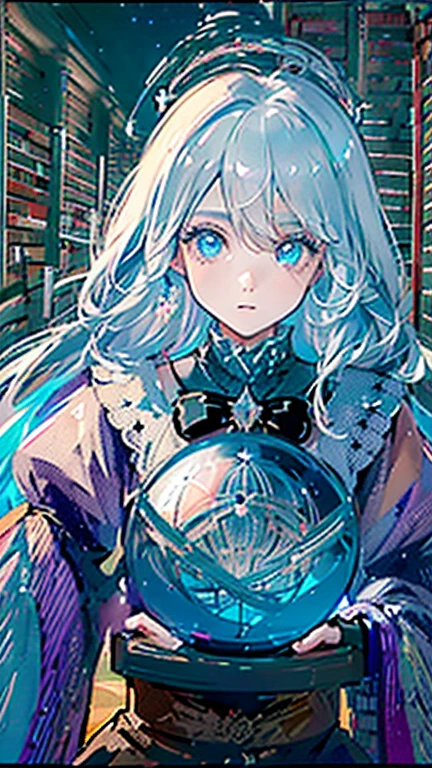 (Outstanding picture quality),(Master's Wordd), (((1girl)))独奏,long white Hair,blue eyes, (Without a smile),Best Quality,finely detail,Masterpiece, (magic book:1.4),(Ultra-detailed),(Detailed description of the eyes:1.2),(floating Colorful wind:1.4),(The Border of the Tarot:1.4),(a closeup of a:1.2),(looking at the side:1.3),(Chaotic geometric images:1.3),(Nagative space:0.8),(drawing board:1.3),(huge crystal ball and stars at the back :1.5),(ether Colorful ink flowing:1.3),((Library bookshelf in the background:1.8)),big sleeves with big top)), Hair_ornament,Blue ribbons, Bow ties, Buttons, (((Average Breasts))),(White pleated skirt:1.2), ((sharp-focus)), ((Masterpiece)), (((Best Quality))), ((Extremely detailed)), Colorful, HDR, white Hair,((mage)),(upper-body:1.5),(Look at the viewer with a straight face.:1.5)