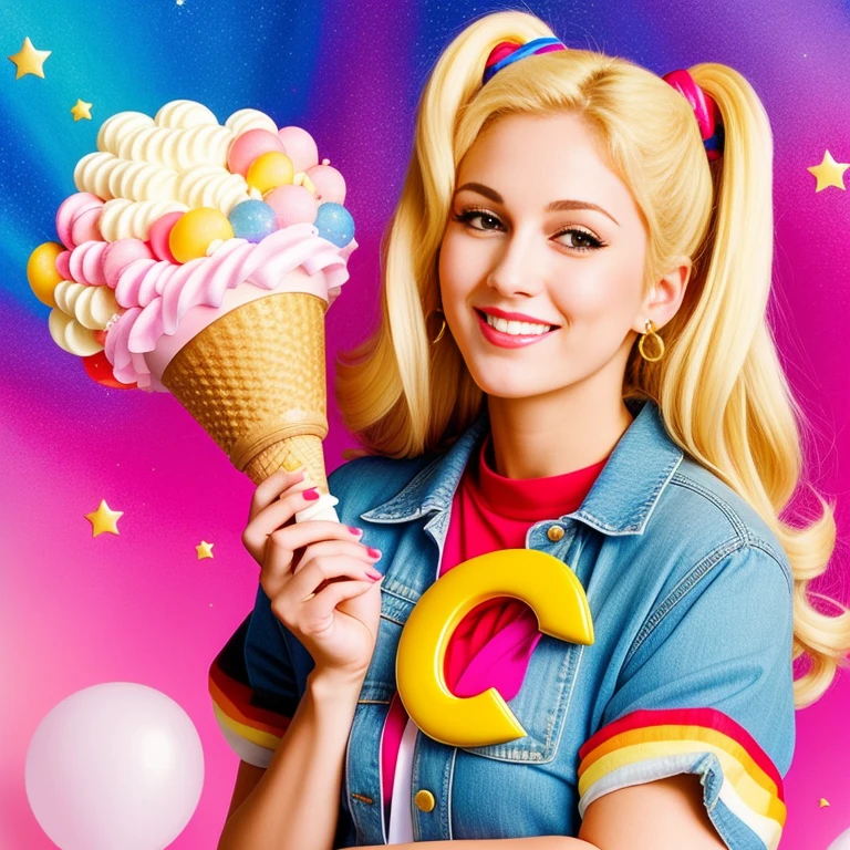 "(Mature and realistic portrayal:1.2) Sailor Moon exuding confidence as she holds an  cream cone, her blonde hair cascading down, adorned in stylish rainbow denim clothes from the 2000s, with a backdrop filled with sprinkles."