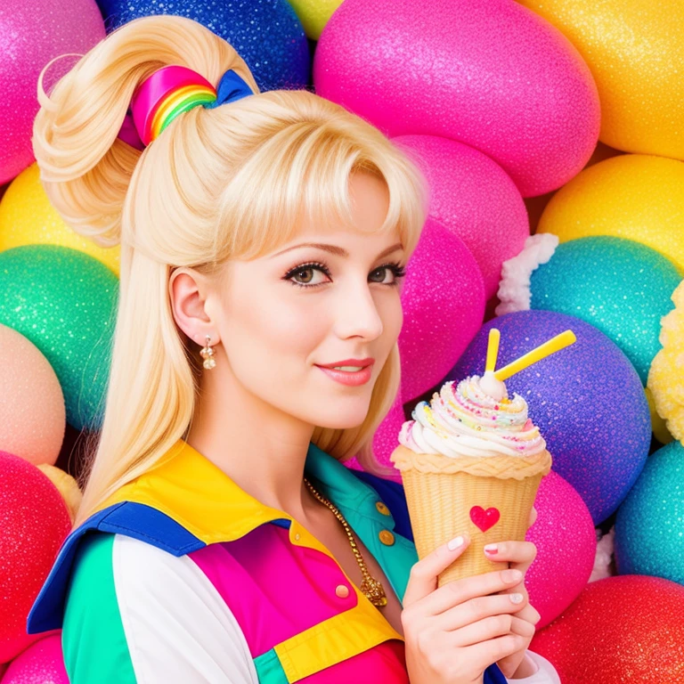 "(Mature and realistic portrayal:1.2) Sailor Moon exuding confidence as she holds an cream cone, her blonde hair cascading down, adorned in stylish rainbow denim clothes from the 2000s, with a backdrop filled with sprinkles."