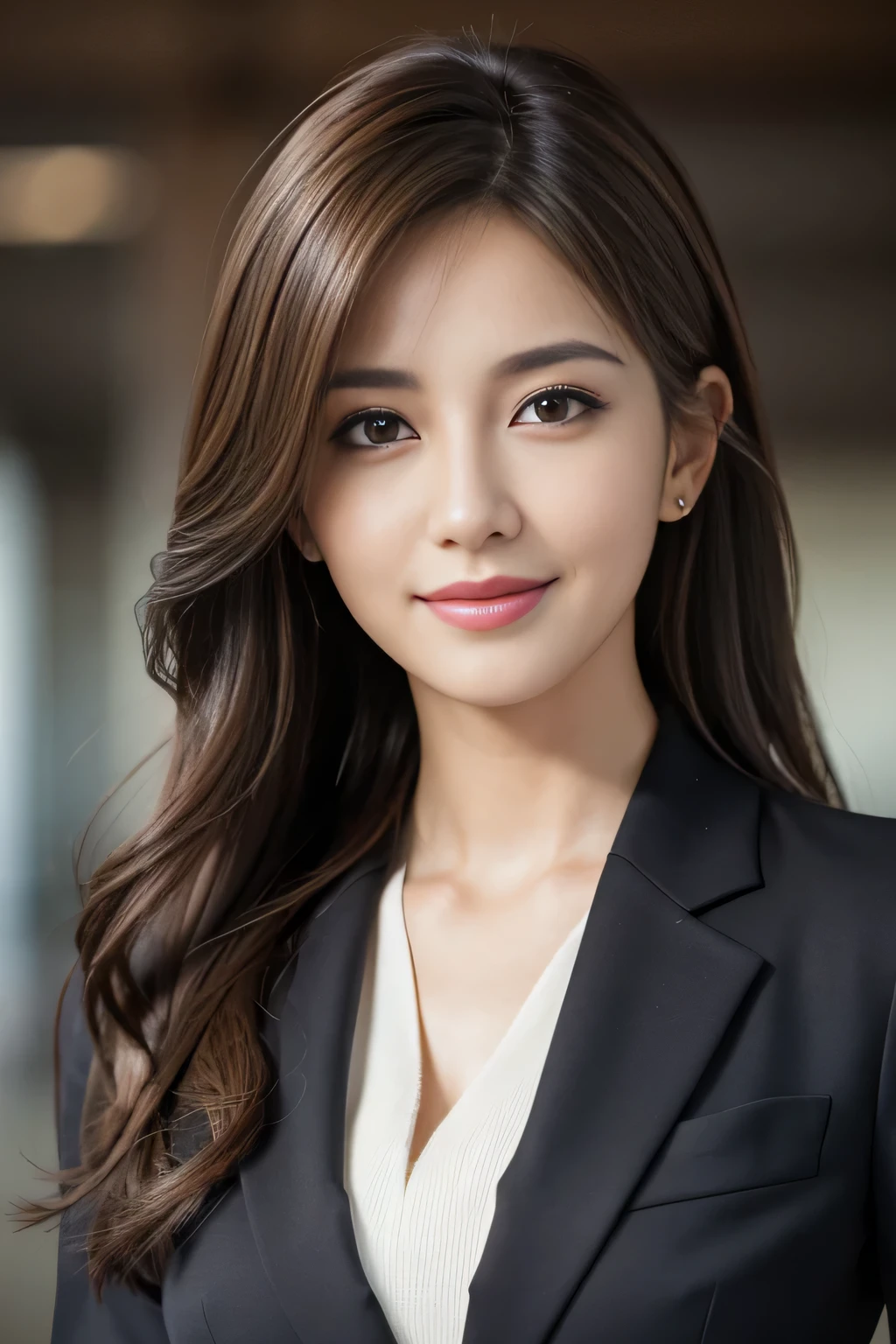 masutepiece, Best Quality, Photorealistic, Ultra-detailed, finely detail, High resolution, 8K Wallpaper, 1 beautiful woman,, light brown messy hair, in a business suit, foco nítido, Perfect dynamic composition, Beautiful detailed eyes, detailed hairs, Detailed realistic skin texture, Smiling, Close-up portrait, Model body type