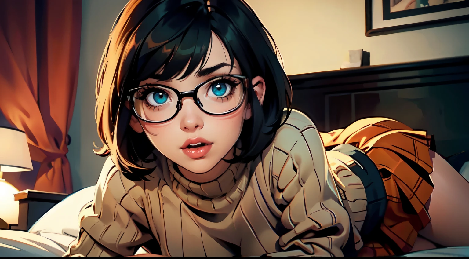 HD, 8k quality, masterpiece, Velma, dream girl huge tits, beautiful face, kissing lips, short bob hairstyle, long bangs, perfect makeup, realistic face, detailed eyes, green eyes, brunette hair, eyelashes, slightly open mouth, bedroom, lying on bed, showing cameltoe, eyes at viewer, orange knitted turtle neck sweater, clear lens glasses, red school girl skirt,