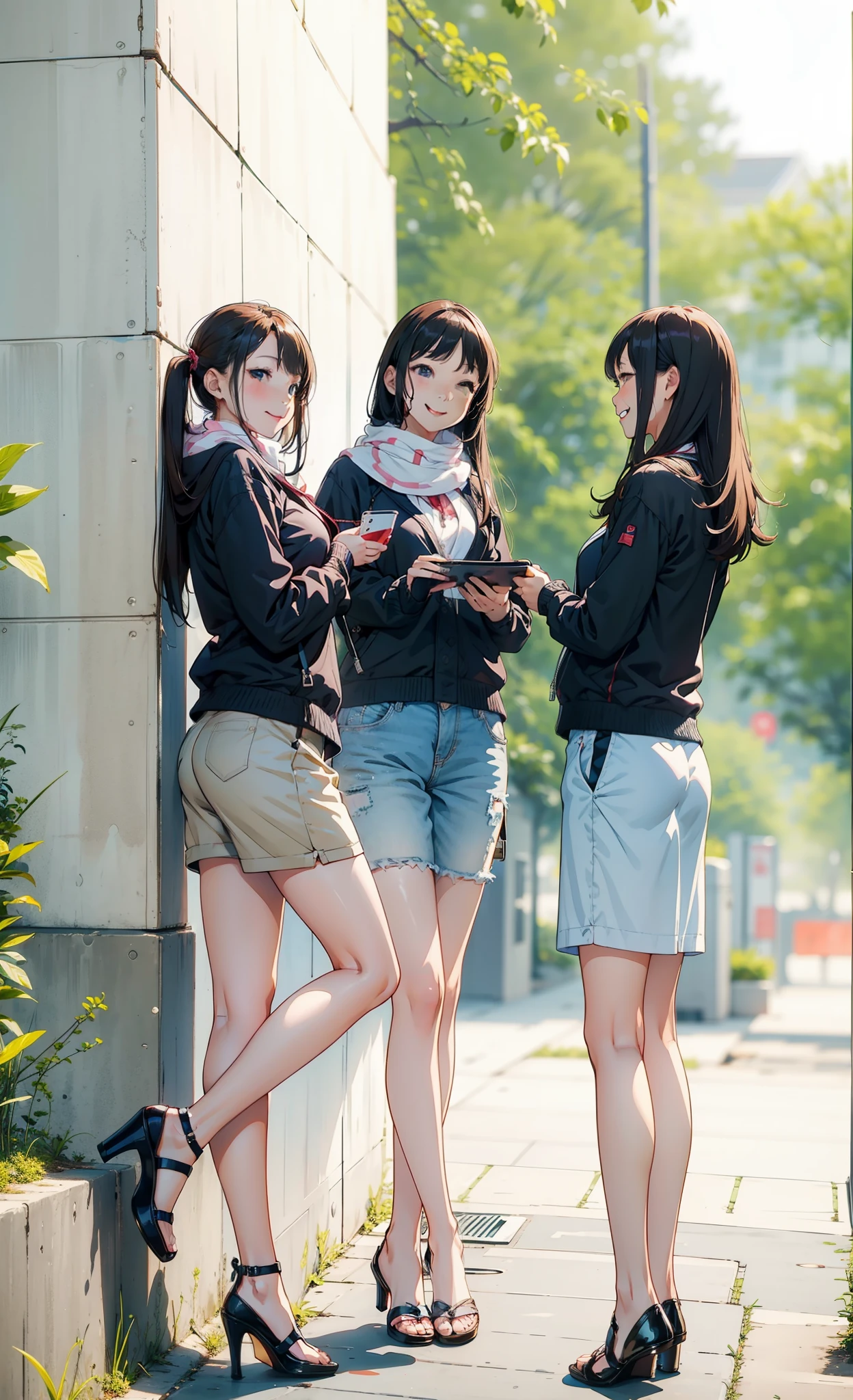 three-women-standing-on-a-sidewalk-looking-at-their-cell-phones-seaart-ai