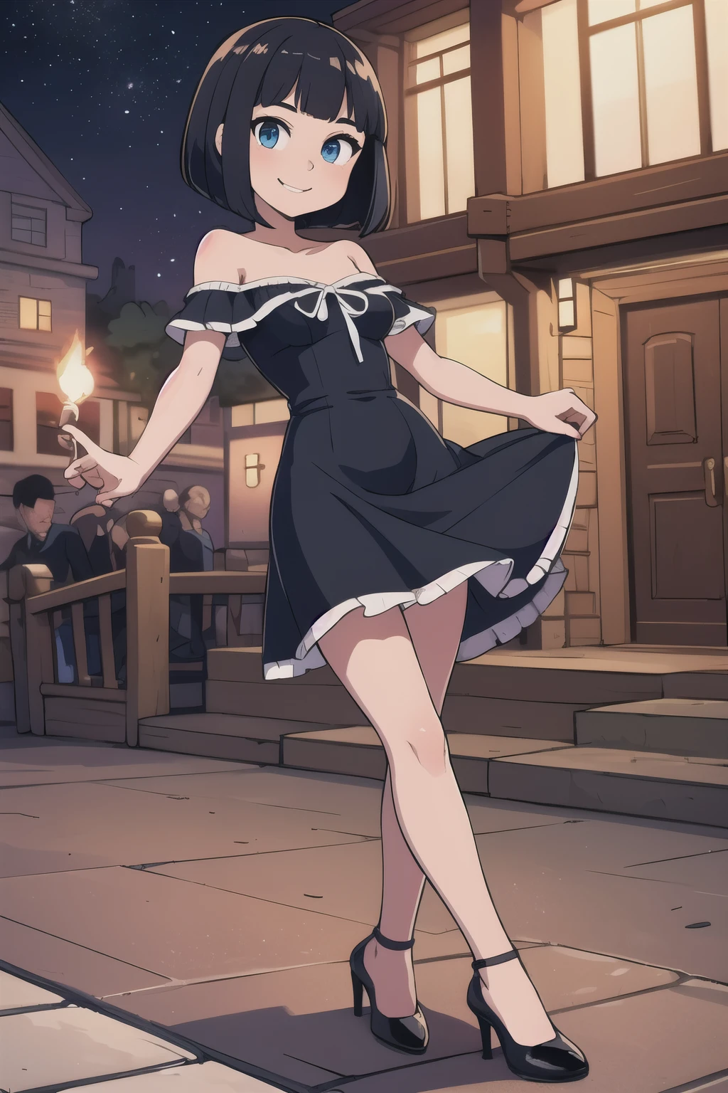 ((best quality)), ((masterpiece)), (detailed), perfect face, 1 girl, solo, ager, black hair, bob cut, bob hair, blue eyes, smile, in a flamenco dress, off the shoulder dress, red dress, a longer body, teen, bare shoulders, and being so beautiful, high heel shoes, dancing in the village, at night time at a town, with candles burning on the floor, in 2D illustration, 2D art style,