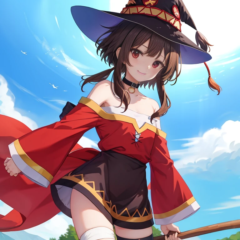Animated Screencaps、
1girl in、独奏、red eyes、Bandage leg、1 thigh、bare shoulders、brown haired、short hair with long locks、collars、Mouth closed、鎖骨、a choker、Asymmetrical leg dressing、cowboy shot、long-sleeve、Unmatched leg wear、straddle,a smile、looking at the viewers、witch's hat,