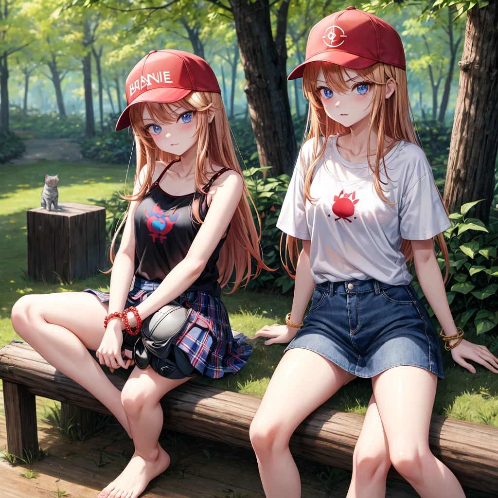 red blonde、blue eyess、one good looking girl、独奏、animesque、Plaid miniskirt、Black T-shirt、camisole、the woods、Sunlight、sitting on、wearing a baseball cap、bare-legged、small bracelet、tilting the head、catching a cat、glaring
