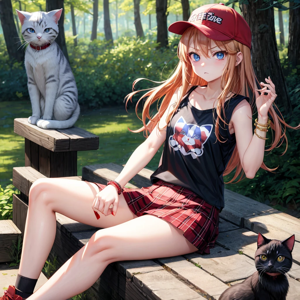 red blonde、blue eyess、one good looking girl、独奏、animesque、Plaid miniskirt、Black T-shirt、camisole、the woods、Sunlight、sitting on、wearing a baseball cap、bare-legged、small bracelet、tilting the head、catching a cat、glaring